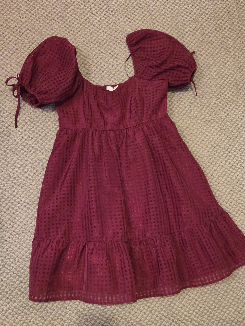 entro Maroon Wine Puff-Sleeve Tiered Dress Sz M